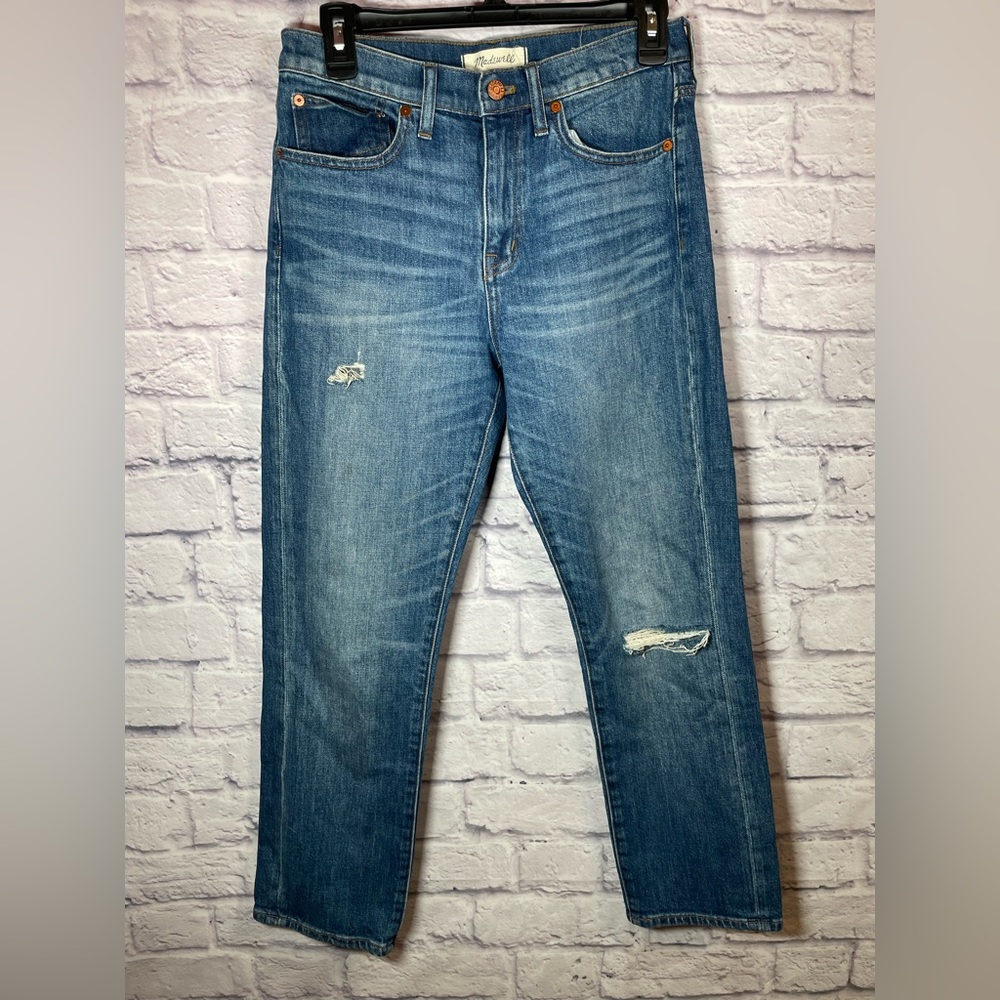 Madewell Straight Crop Distressed Denim Jeans Size 27 Medium Wash